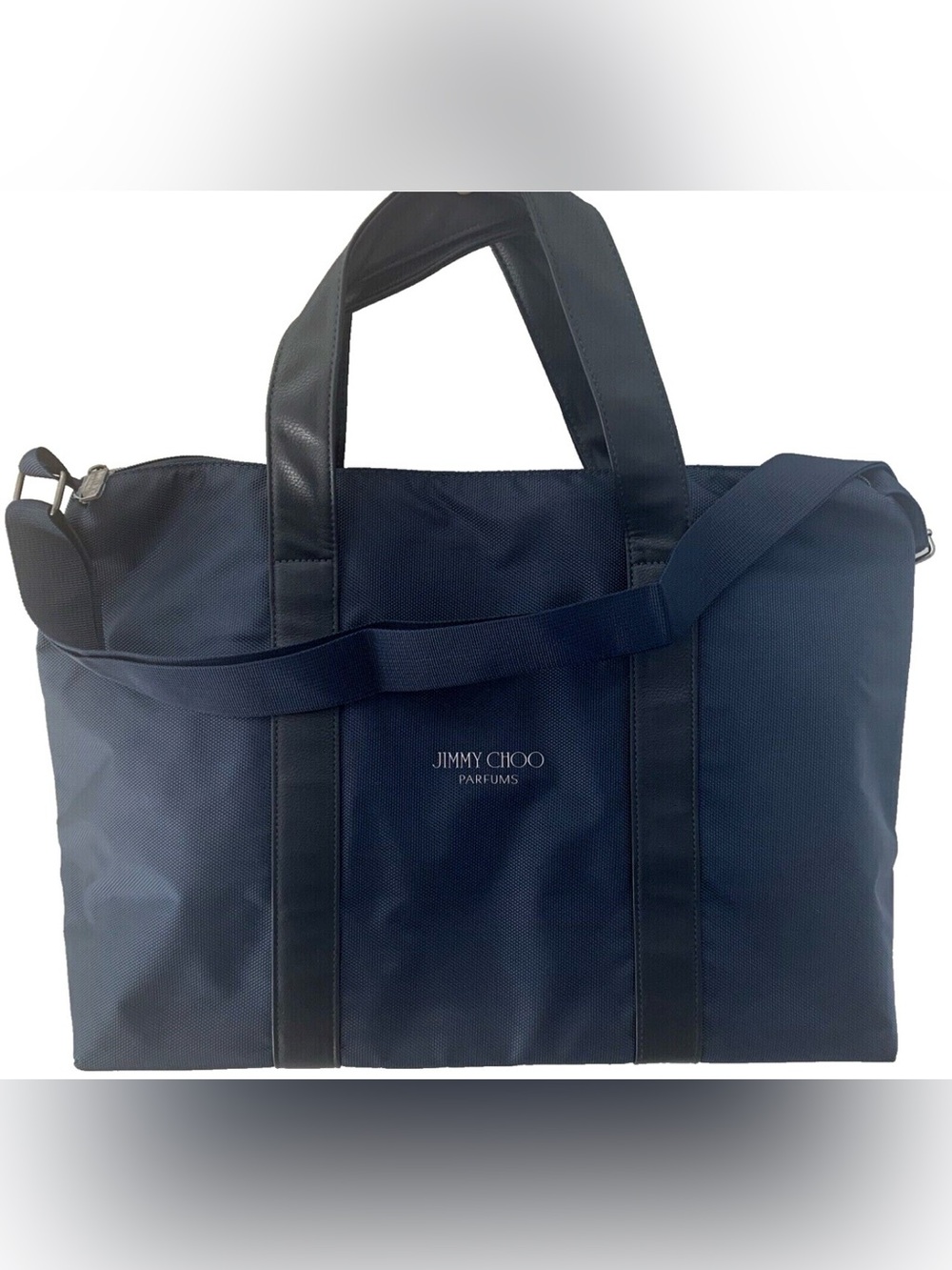 Jimmy Choo Unisex Navy Duffle Travel Gym Bag Weekender Faux Leather Trim NWT